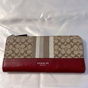 Coach Legacy Signature Stripe Accordion Zip Style 48032 Khaki Black Cherry